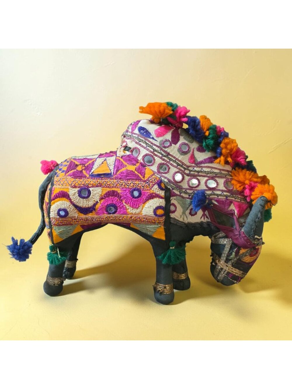 Vintage Rajasthani Hand Embroidered Bull Figurine - Indian Folk Art Boho Decor